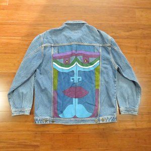 90s Vintage Handpainted Denim Jean Jacket Size Large 46 Chest